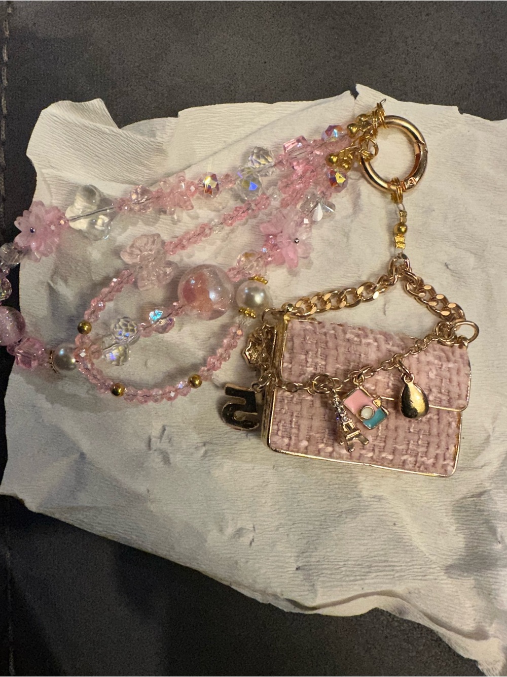 Pink Mini Bag Charm Keychain with Beaded Tassel